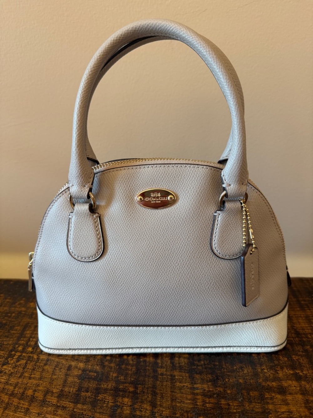 Coach Crossgrain Leather Mini Cora Domed Satchel F34517 Gray Birch Chalk